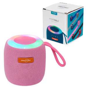 Parlante Bluetooth rosado portátil Greatnice con luz LED superior, junto a su caja de empaque original.