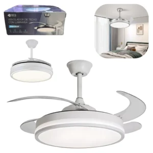 Ventilador de techo retráctil color blanco con luz LED integrada, mostrado en detalle y en un entorno de dormitorio.