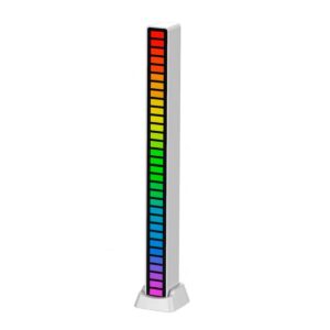 Barra LED vertical de color blanco con una pantalla de ecualizador de luces multicolor sobre una base pequeña.