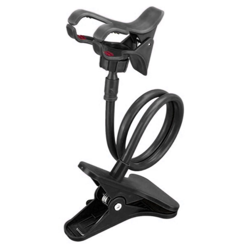 Soporte de escritorio con cuello flexible, una pinza base grande y una pinza superior para sujetar un teléfono.