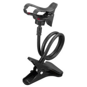 Soporte de escritorio con cuello flexible, una pinza base grande y una pinza superior para sujetar un teléfono.