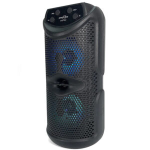 Parlante portátil negro con rejilla metálica y luces LED azules visibles a través de los altavoces internos.
