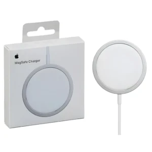 Cargador inalámbrico MagSafe de Apple junto a su caja original de empaque blanco.