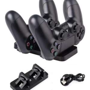 Base de carga negra para dos controles de PlayStation 4 con cable USB incluido.