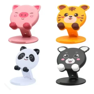Cuatro soportes plegables para teléfono con formas de cerdo rosa, tigre amarillo, panda blanco y oso negro sobre fondo blanco.