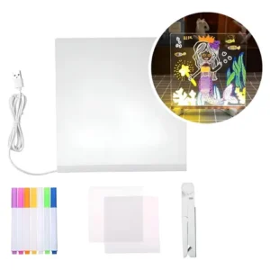 Pizarra LED cuadrada de 15x15 cm con rotuladores de colores, láminas transparentes y soporte para dibujo creativo.