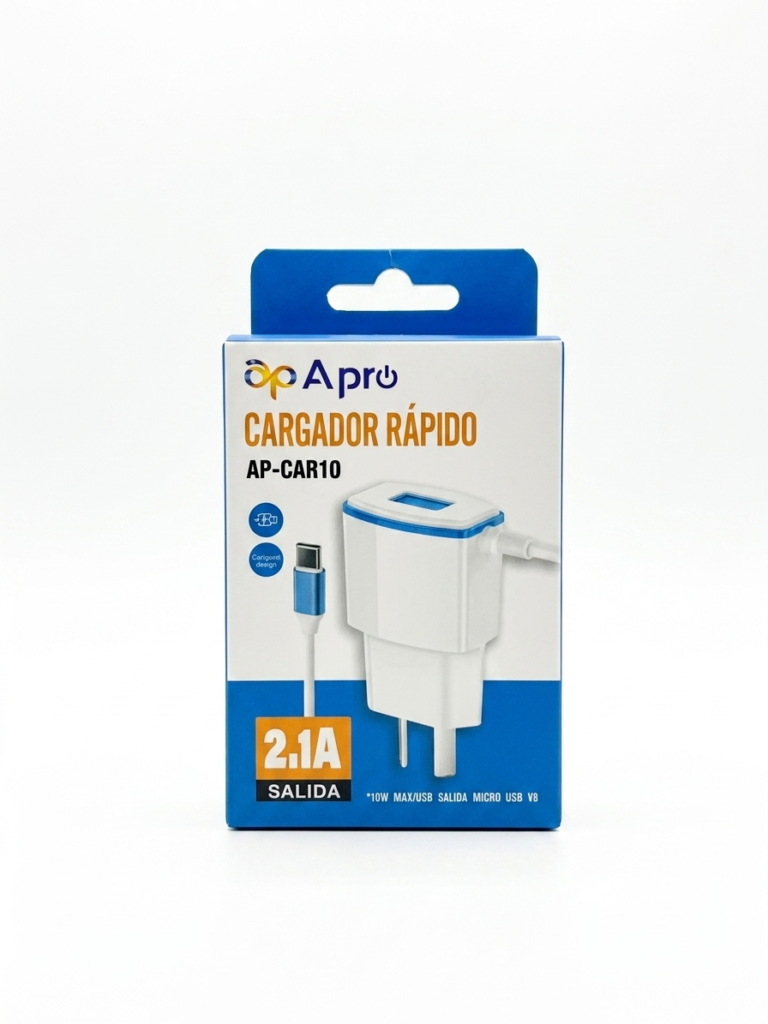 Caja de empaque para cargador rápido de pared Apro modelo AP-CAR10 con cable USB, sobre fondo blanco.