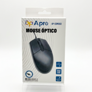 Caja de venta de mouse óptico con cable marca Apro modelo AP-COM002 sobre fondo blanco.