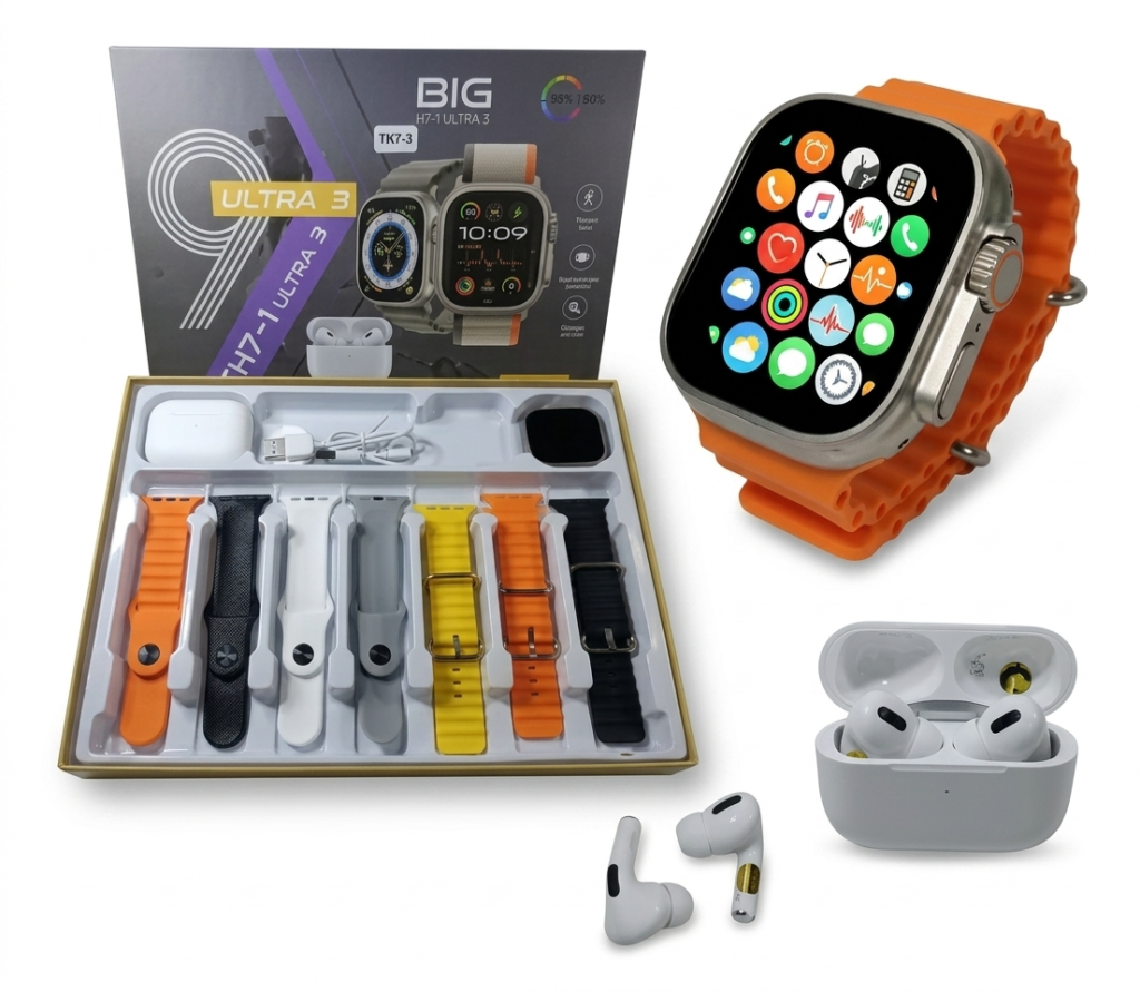 Set de smartwatch Ultra 3 con correa naranja, estuche con correas intercambiables y auriculares inalámbricos blancos.