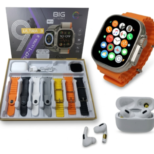 Set de smartwatch Ultra 3 con correa naranja, estuche con correas intercambiables y auriculares inalámbricos blancos.