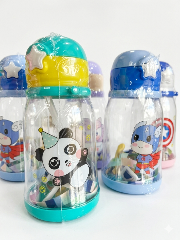 Varias botellas de plástico de 500ml para niños con ilustraciones de panda y superhéroes sobre fondo blanco.