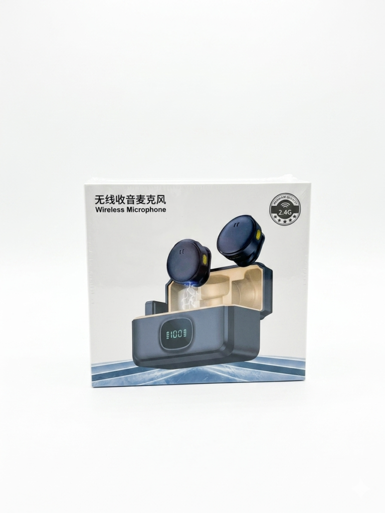 Caja de producto de micrófono inalámbrico doble E-336 con estuche de carga que muestra el nivel de batería al 100%.