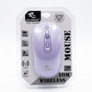 Mouse inalámbrico color lavanda de la marca Yelandar dentro de su empaque blíster de plástico transparente.