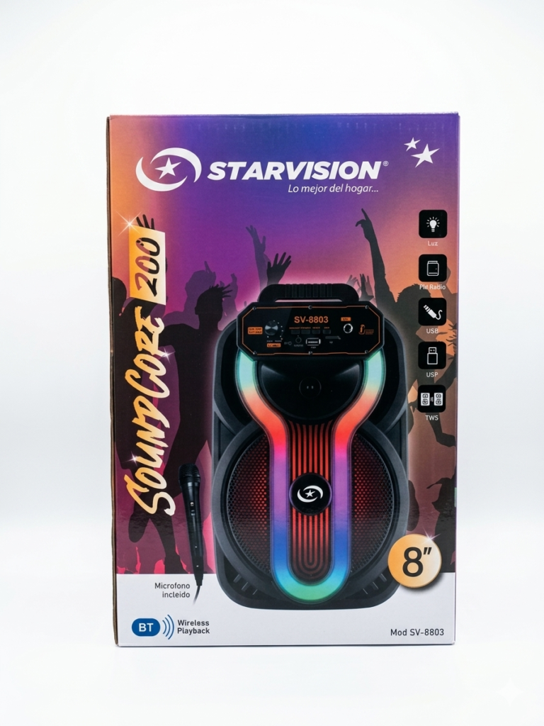 Caja de parlante Bluetooth Starvision modelo SV-8803 de 8 pulgadas con micrófono incluido.