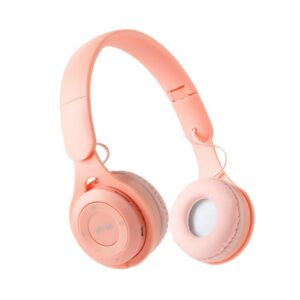 Auriculares de diadema inalámbricos en color rosa pastel con botones de control integrados, sobre fondo blanco.