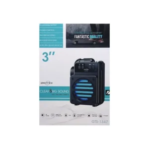 Parlante Bluetooth portátil Greatnice GTS-1347 de 3 pulgadas sobre el empaque del producto con detalles de sus características.