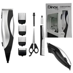 Kit de máquina cortadora de pelo Dinax con accesorios, peines guía, tijeras, cepillo y aceite sobre fondo blanco.