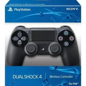 Mando inalámbrico negro DualShock 4 para PlayStation 4 dentro de su caja de embalaje azul oficial.