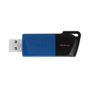 Pendrive Kingston de 64GB con cuerpo azul y extremo negro sobre fondo blanco