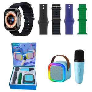 Reloj inteligente con correas intercambiables junto a un pequeño altavoz portátil azul y un micrófono en su caja.