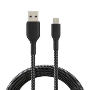 Cable USB a Micro USB con recubrimiento de malla trenzada en color gris y negro sobre fondo blanco.