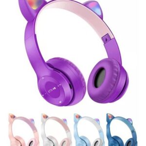 Auriculares inalámbricos morados con orejas de gato y luces LED, acompañados de otras variantes de color debajo.
