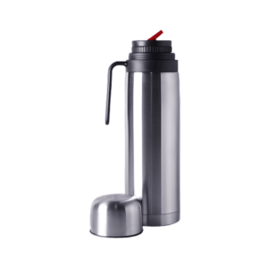 Termo de acero inoxidable de 1 litro con tapa tipo vaso y asa lateral, sobre fondo blanco.
