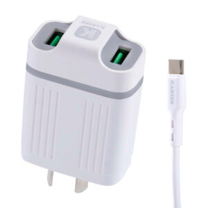 Cargador de pared blanco Karsen con doble puerto USB y cable con conector tipo C incluido.
