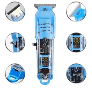 Cortapelos eléctrico azul con carcasa transparente, visor LED de carga y detalles de sus componentes técnicos.