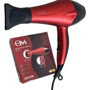 Secador de pelo rojo de 1800W con boquilla concentradora y su caja de empaque original.