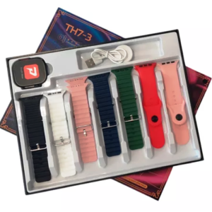 Smartwatch TH7-3 con múltiples correas de silicona de colores en su caja original.