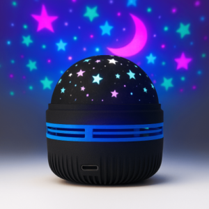 Proyector de luz LED negro y azul que proyecta estrellas y una luna sobre un fondo oscuro.