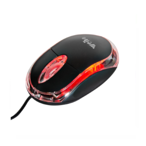 Mouse alámbrico de color negro con bordes transparentes y luz LED roja, visto desde un ángulo superior.