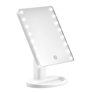 Espejo de mesa rectangular con marco blanco, iluminación LED perimetral y botón táctil de encendido en la base.