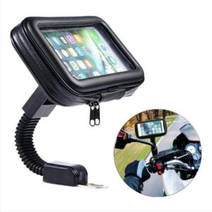 Soporte ajustable para celular con estuche impermeable montado en el manubrio de una motocicleta.
