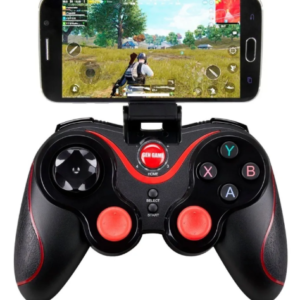 Joystick negro con soporte para celular mostrando un videojuego en pantalla