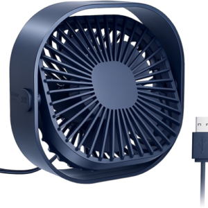 Ventilador de escritorio pequeño de color azul oscuro con diseño circular y cable de carga USB conectado.