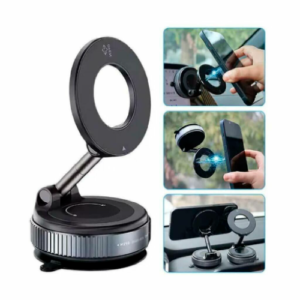 Soporte magnético plegable para celular con base de succión, mostrando ejemplos de uso en el tablero de un automóvil.