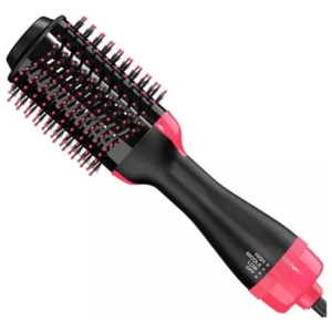 Cepillo secador eléctrico de color negro y rosa con selector de temperatura, sobre fondo blanco.