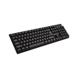 Teclado USB de escritorio color negro con distribución QWERTY sobre fondo blanco.
