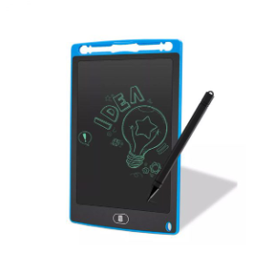 Pizarra digital electrónica color azul de 8.5 pulgadas con lápiz óptico y un dibujo de una bombilla con la palabra IDEA.