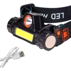 Linterna frontal LED de minería con banda elástica ajustable y cable de carga USB incluido sobre fondo blanco.