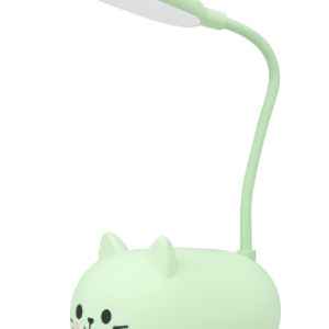 Lámpara de escritorio LED color verde claro con base en forma de gatito animado sobre fondo blanco.