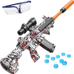 Pistola de juguete de hidrogel con estampado estilo graffiti, visor, silenciador naranja y gafas de protección.