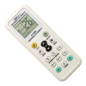 Control remoto universal para aire acondicionado modelo K-1028E con pantalla LCD y botones de configuración.