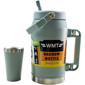 Termo de acero inoxidable color gris de 2000ml con asa, tapa y mate pequeño a juego, sobre fondo blanco.