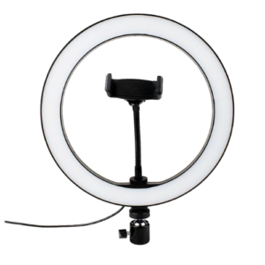 Aro de luz LED de 26 cm con soporte central para teléfono móvil, sobre un fondo blanco.