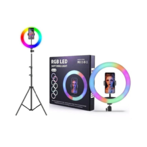 Aro de luz RGB con trípode, caja del producto y soporte para teléfono móvil para grabación de video.