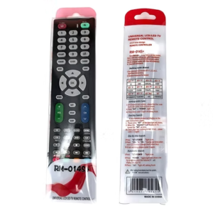 Control remoto universal para TV modelo RM-014S+ en su empaque original de plástico, visto por el frente y el reverso.