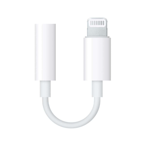 Adaptador de cable blanco con conector Lightning en un extremo y entrada de audio Jack 3.5mm en el otro.